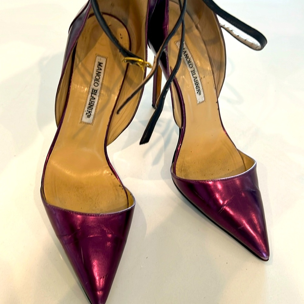 Manolo Blahnik, Plum metallic stilettos, sky high with black leather straps